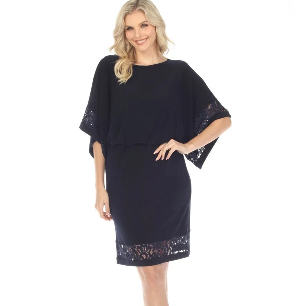 Joseph Ribkoff NWT Midnight Blue Lace Trim Kimono Sleeve Blouson Dress sz 8